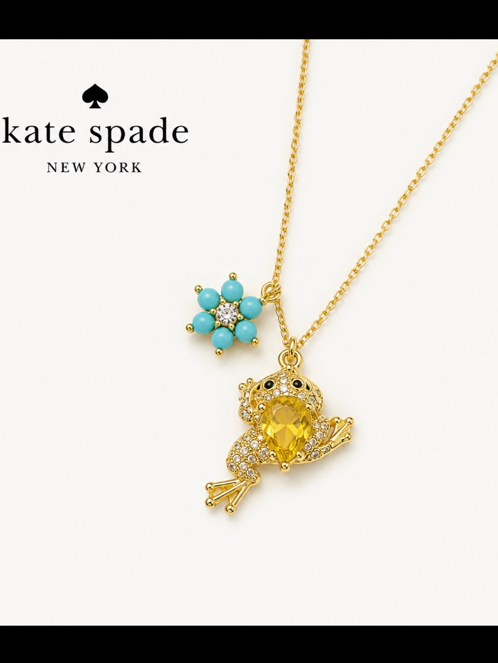 kate spade gold-tone frog pendant necklace with turquoise flower charm